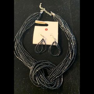 Black Beaded/Knotted Necklace and Earrings